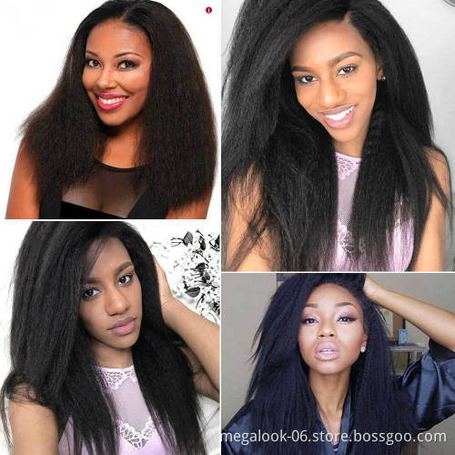 Megalook Discounts Kinky Straight 4x4 Lace Closure Wig, Yaki Raw Brazilian Virgin Hair Mink Cuticle Aligned Human Hair Wig